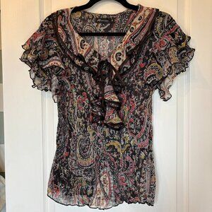 Sheer Paisley Ruffle Blouse Boho Tie-Front Top Size Medium